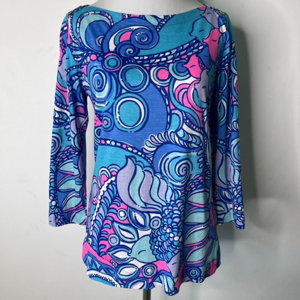 Lilly Pulitzer Alida Boatneck Top Sea Jewels Blue Pink Fish 3/4 Sleeve Small S